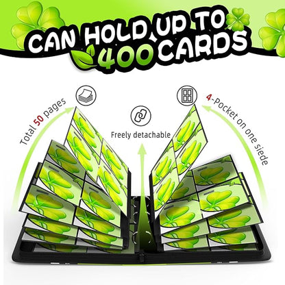 Trading Card Binder 4 Pocket,400 Pocket Card Collection Binder with 50 Removable Sleeves,PU Waterproof Top Card Book,3-Ring Zipper Collectible Trading Card Album for MTG/TCG/Card Holder Gift（(Leaf）