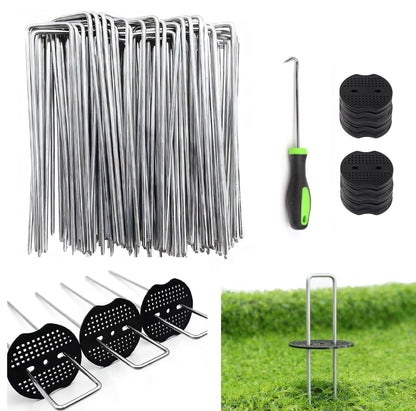 10 Inch 100 PCS Galvanized Landscape Staples with 100 PCS Gasket, Landscape Fabric Pins Stakes Lawn Ground Cover Graden Staples Spikes Weed Barrier Stakes