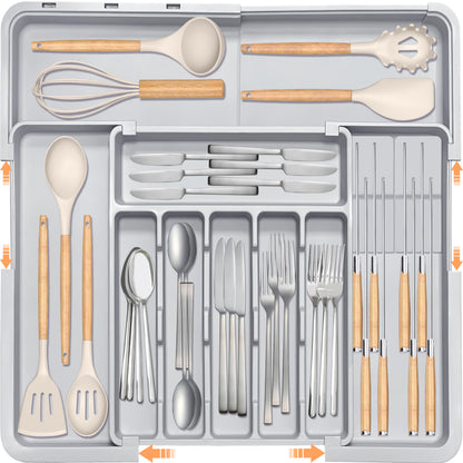 Homecor Silverware Organizer - Expandable Large Kitchen Drawer Organizer Utensil Organizer with 2 Removable Knife Blocks, 22"x 19"Cutlery Tray Drawer Dividers for Kitchen Flatware(6-9 Slots) (Black)