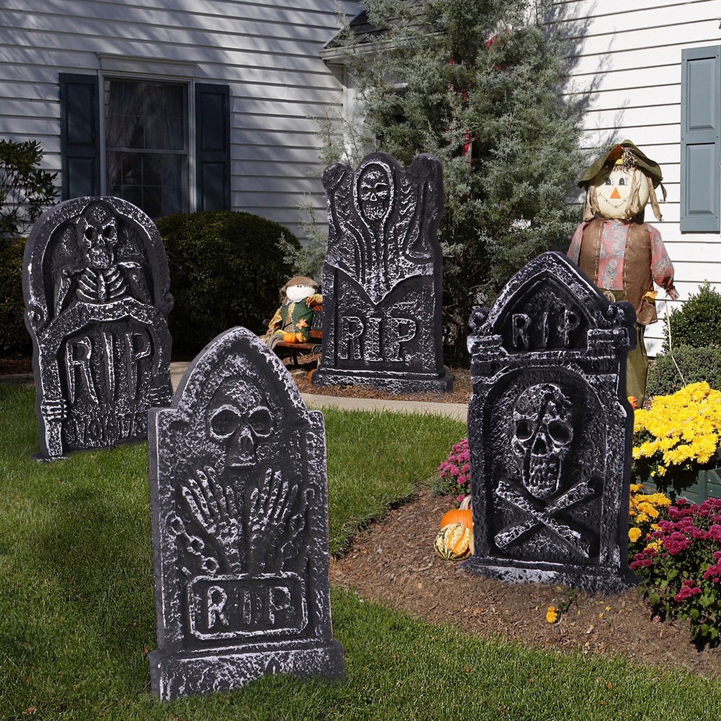 Sizonjoy Halloween Decorations, Foam RIP Graveyard Tombstones, 4 Pack Graveyard Headstone Decorations with 8 Bonus Stakes for Lawn Outside Decor (17In)
