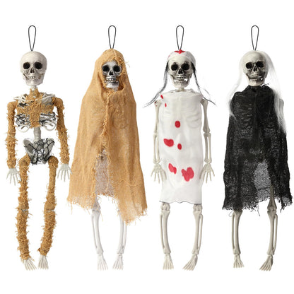 Poen 4 Pack 16" Halloween Hanging Skeleton Decorations Small Full Body Posable Skeletons with Movable Joints Plastic Mini Spooky Decor for Halloween Party Haunted House Lawn Graveyard Props(Zombie)