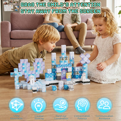 Fitrobust 200 Pack Magnetic Blocks for Kids, STEM Construction Toys with Forest Theme | Creative Educational Games for Ages 3, 4, 5, 6, 7, 8, 9, 10 | Ideal Birthday for Boys & Girls (ICE, Count, 200)