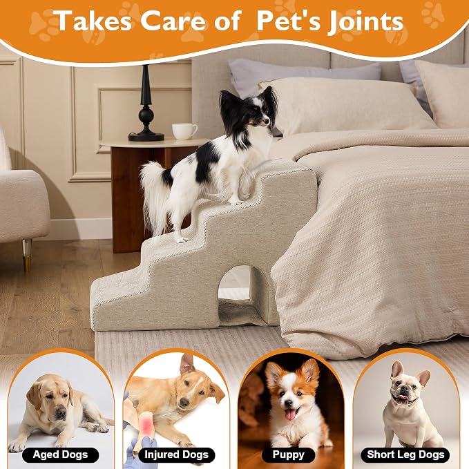 Dog Stairs for Bed 19.5’’ H, 4-Step Dog Steps for High Bed, Pet Stairs for Small Dogs and Cats to Get on Beds, Couch, Non-Slip Balanced Pet Steps and Ramp with Waterproof Cover and Tunnel, Beige