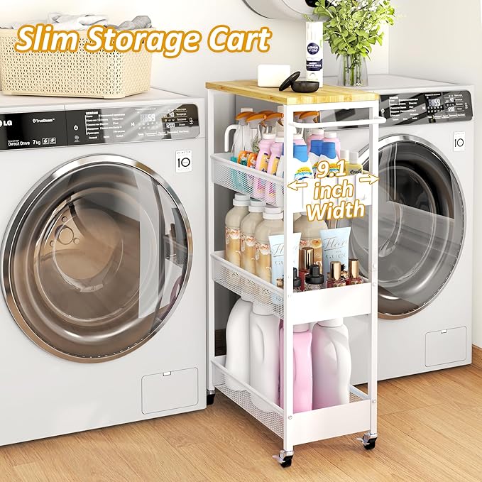 Vincona 9.1" Wide Slim Rolling Utility Cart, 4 Tier Metal Narrow Storage Cart with Handle and Wood Top, Multifunctional Small Mobile Shelf Unit Organizer Trolley for Laundry, Bathroom, Kitchen