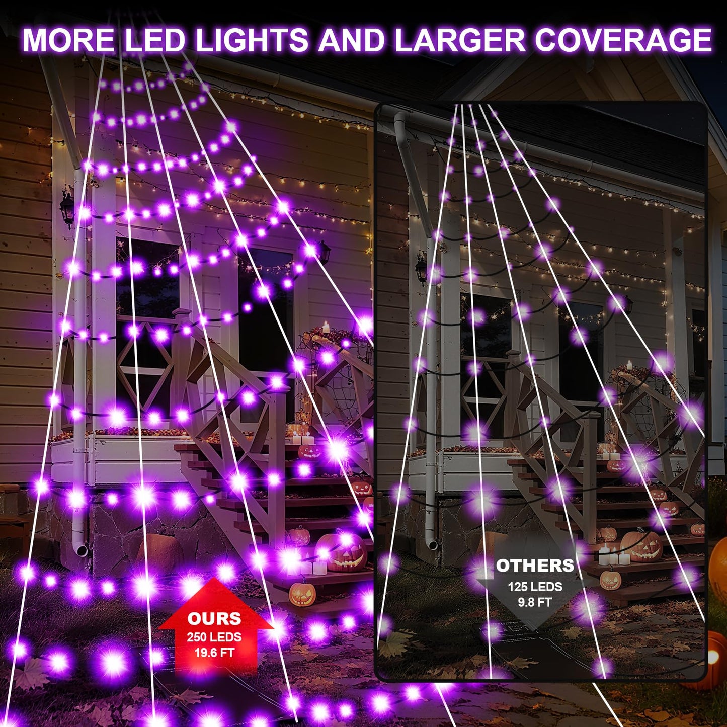 Halloween Decorations Spider Web Lights, 250 LED Purple Lights 19.7FT x 14.8FT Giant Halloween Decorations with 8 Modes Waterproof for Indoor Outdoor House Garden Yard，30" Large Spider Included