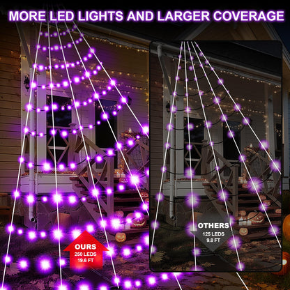 Halloween Decorations Spider Web Lights, 250 LED Purple Lights 19.7FT x 14.8FT Giant Halloween Decorations with 8 Modes Waterproof for Indoor Outdoor House Garden Yard，30" Large Spider Included