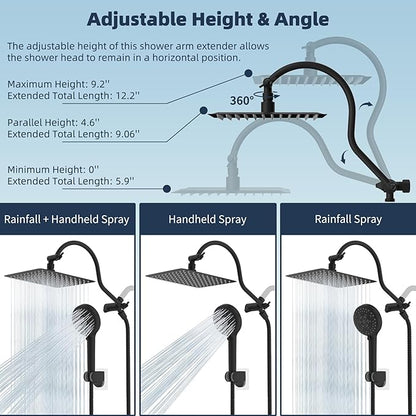 Hibbent All Metal High Pressure Rainfall 10'' Shower Head, CUPC Certified Handheld Showerhead Combo, 12'' Adjustable Shower Extension Arm, 10-Spray, 71'' Hose, Adhesive Showerhead Holder, Matte Black