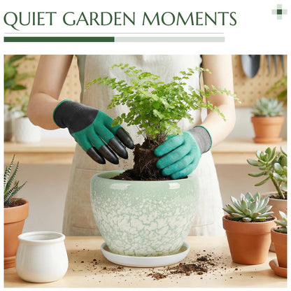TOSELBAI 10.2 Inch Ceramic Planter with Saucer Leak-Proof Mesh &Drainage, Round Plant Pot with Gardening Gloves for Indoor Outdoor Plants (Jade Green)