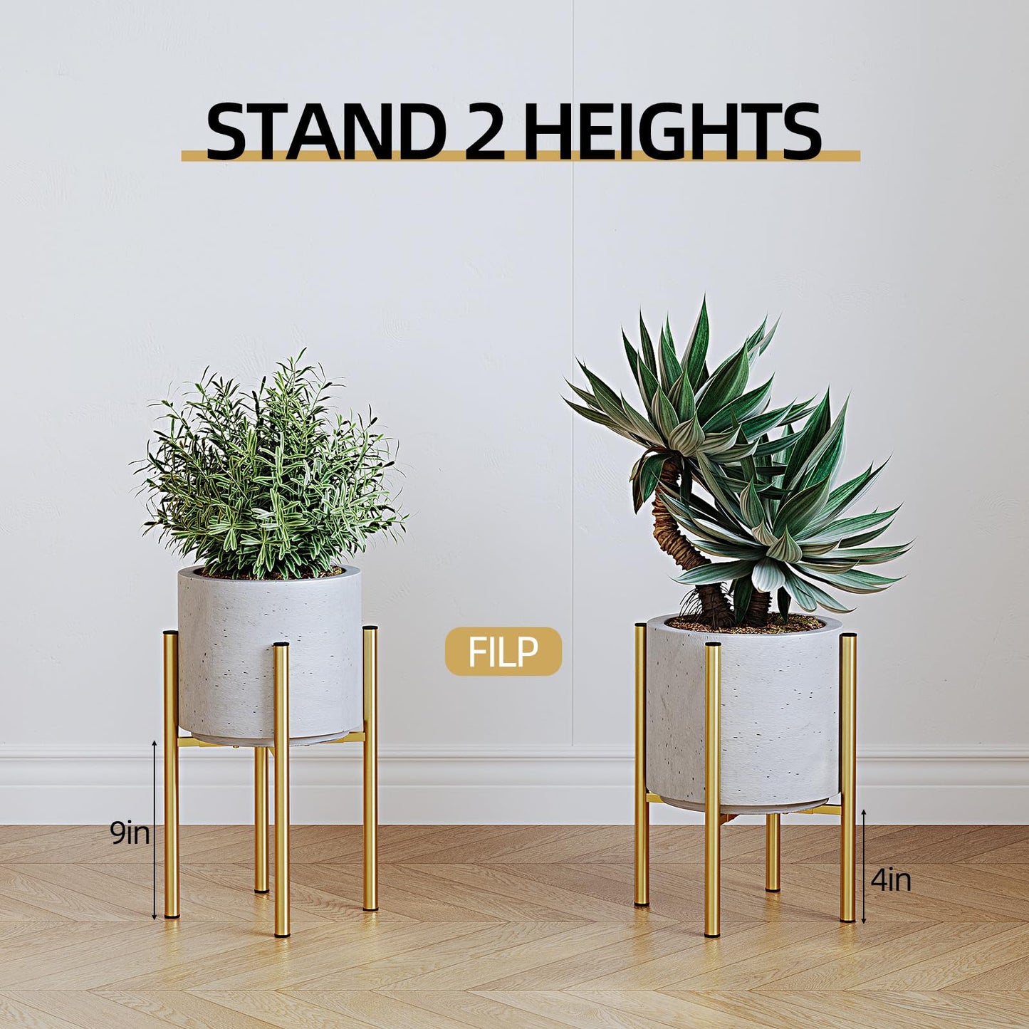 Rioneta Adjustable Metal Plant Stand Indoor, 8 to 14 Inch Pots Mid Century Modern Outdoor Planter Holder,Heavy Duty 160 LB Load, Corner Floor Small Stand for Home Garden Decor Golden
