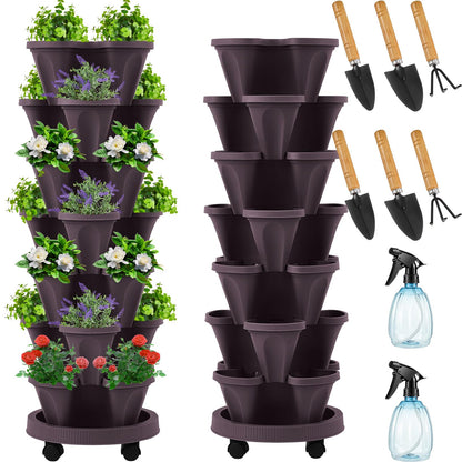 Umigy 2 Set Espresso Brown 7 Tier Vertical Planter Stackable Tower Planters Strawberry Herb Flower and Vegetable Pots Indoor Outdoor Gardening Pots with Removable Wheels and Tools
