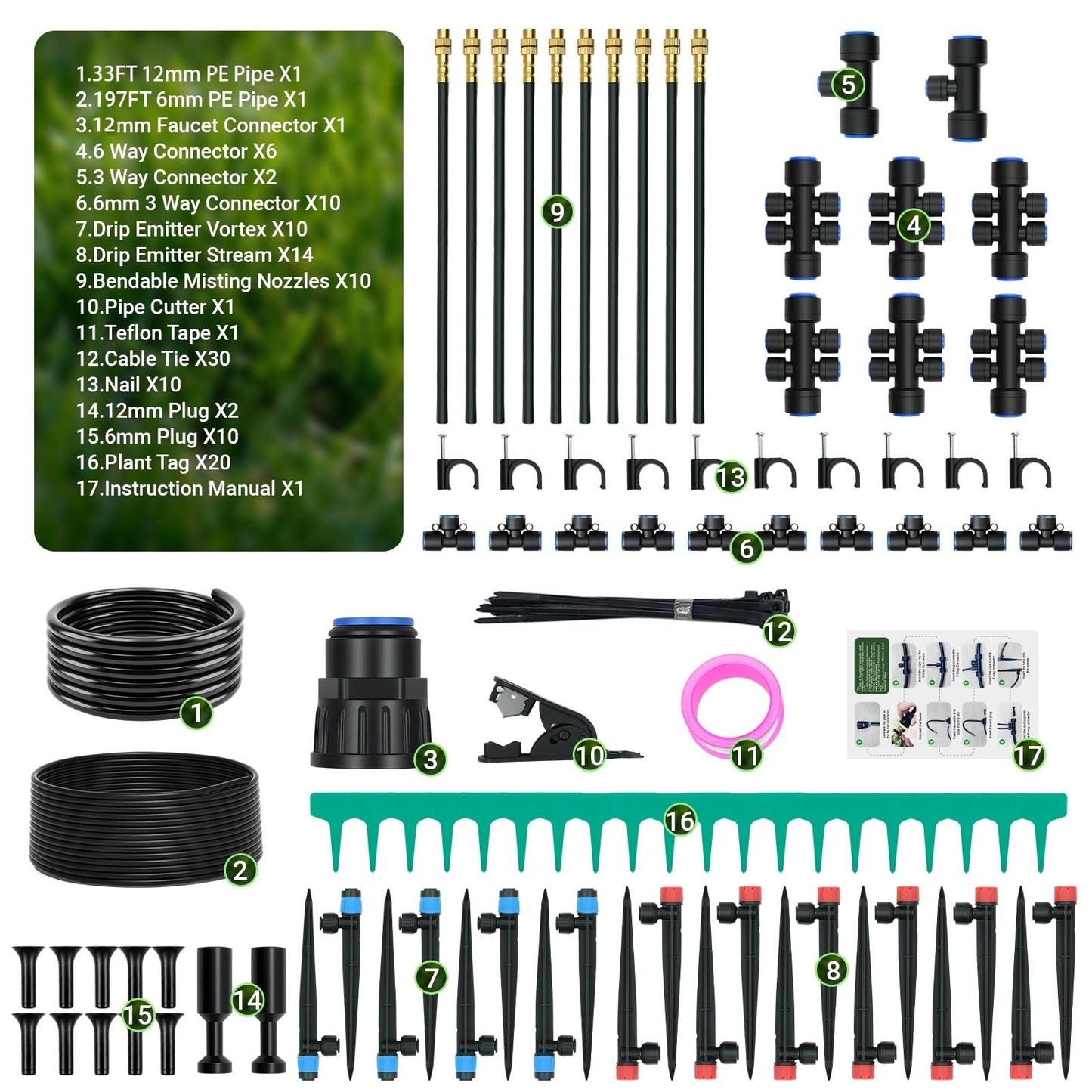 230FT Drip Irrigation Kit with Quick Connect PE Tubing, Automatic Garden Watering Sprinkler System, 2026 Upgraded Water-Saving Design with 3 Adjustable Misting Emitters, Greenhouse & Raised Bed