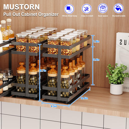 Mustorn 2 Pack Pull Out Spice Rack Organizer for Cabinet, 2 Tier Metal Slide Out Seasoning Organizer and Storage Heavy Duty Vertical Spice Rack Shelf Pullout for Kitchen Cabinets No Drilling (Black)