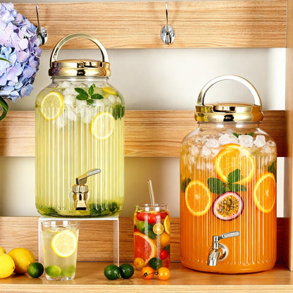 SiliFine 2 Pieces 1 Gallon Plastic Beverage Dispenser with Spigot Striped Clear Large Drink Beverage Dispenser Summer Fridge Water Container with Tap for Party Iced Tea, Sangria, Lemonade(Gold)