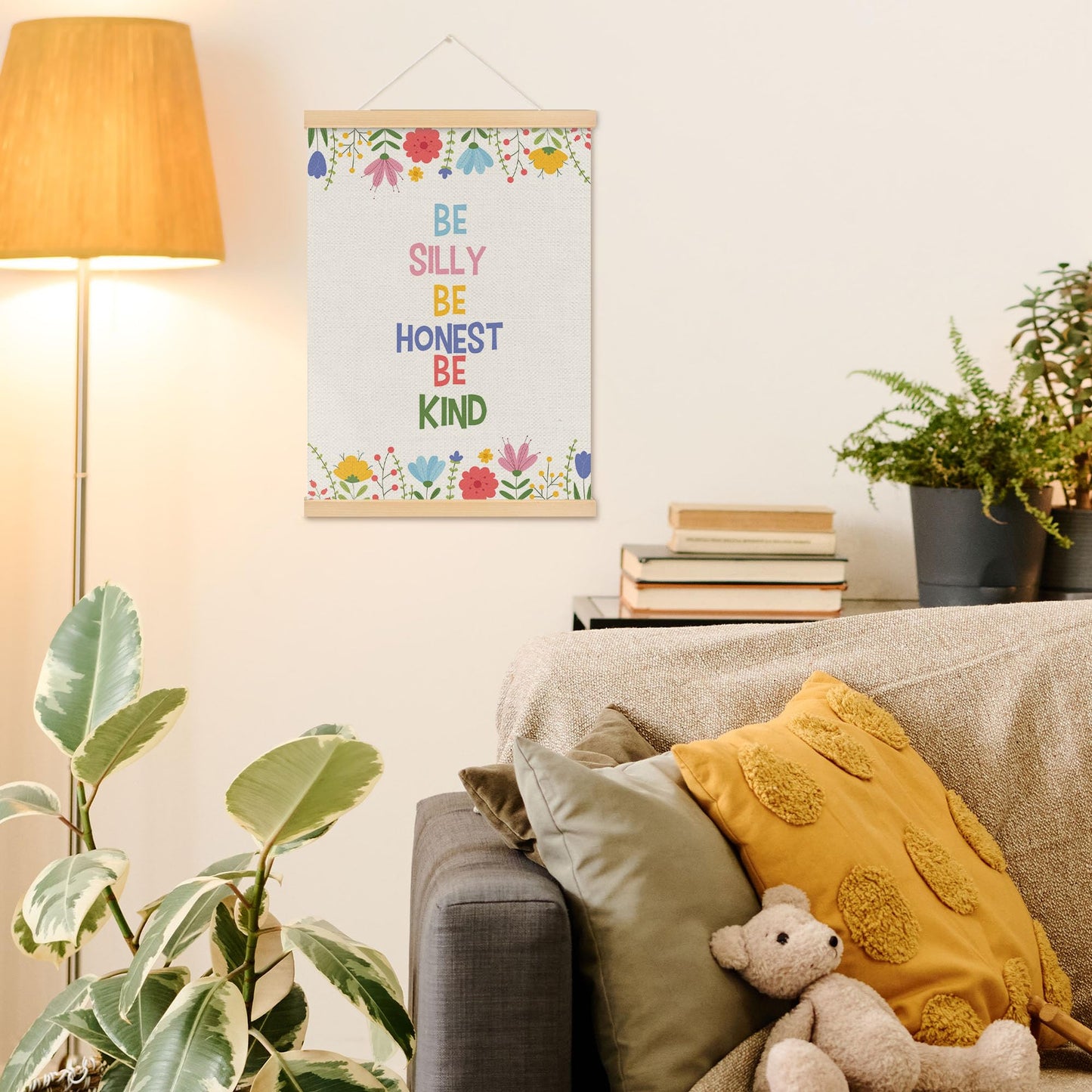 MOTERMATE Inspirational Girl Nursery Poster Hanger Frame, Kids Affirmations Floral Wall Hanging Decor Art Framed for Girls Room Bedroom, Be Silly Be Honest Kind Wall Poster Prints, 12x16 Inch