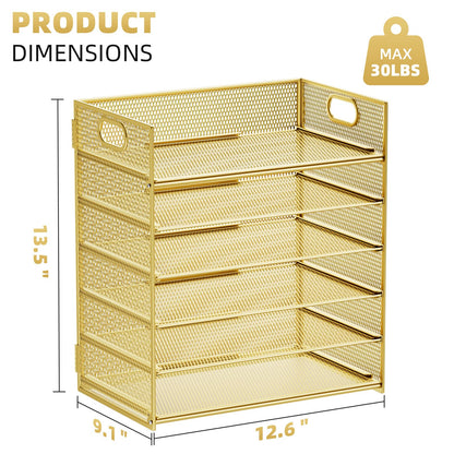 Marbrasse Paper Letter Tray Organizer - 6 Tier Mesh File Organizer with Handle, Paper Sorter Organizer for Letter/A4 Office File Folder Holder - Gold
