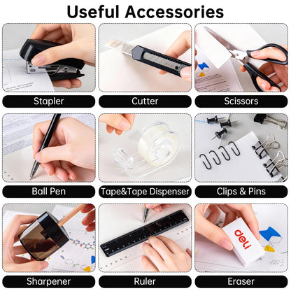 deli Office Supplies Set, 1045 Pcs-Desk Accessory Organizer Kit, Stapler Set, Rotating Multi-Functional Pen Holder, Tape Dispenser, Pens, Binder Clips, Sharpener, Scissor, Eraser, Black