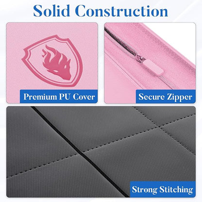 Premium Zip Card Binder 12 Pocket, Fabmaker 912 Pockets Trading Card Binder, PU Zipper Card Collection Album, Sturdy Side-Loading Card Book Holder for Game & Sports Cards, Pink
