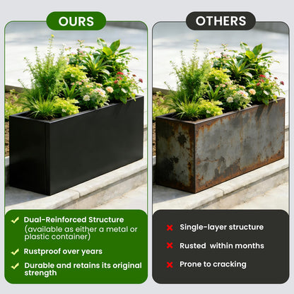 XHIKOWAT Large Rectangular Metal Planter Boxes with Plastic Inner Pot & Wheels - 33" Lx12 Wx14 H Balcony Flower Bed with Drainage Holes & Drip Tray for Outdoor Indoor Garden Patio Porch Lawn, Black