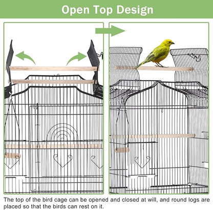 64 inch Bird Cage, Wrought Iron Parakeet Cage Bird Cages for Cockatiels, Medium Small Parrots, Conures, Lovebirds, Budgies, Finches, Detachable Rolling Stand & Play Open Top & Storage Shelf, Black