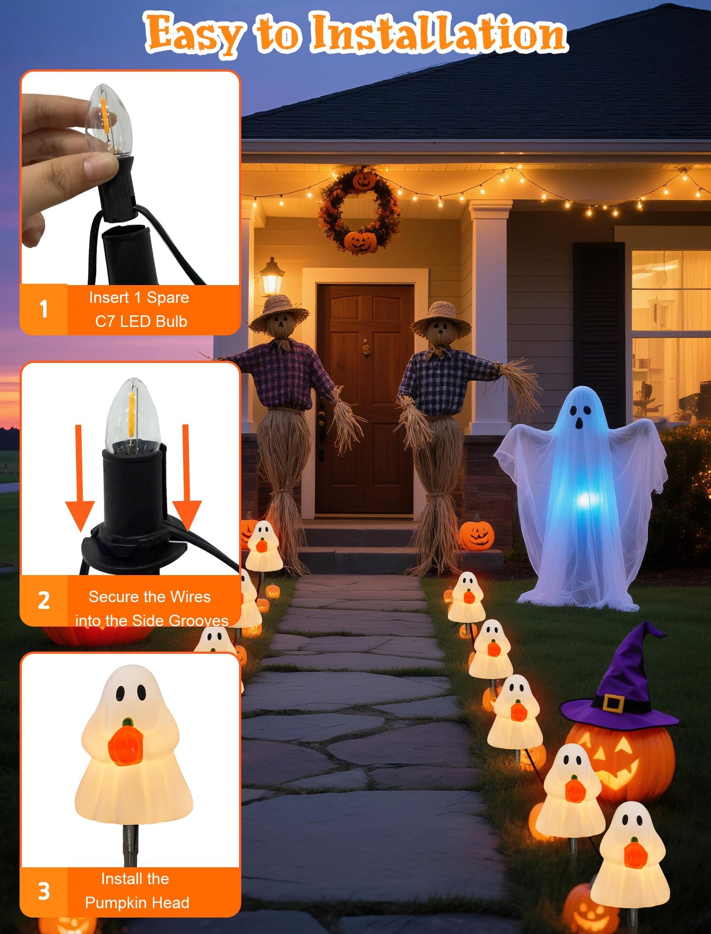 Halloween Ghost Pathway Lights, Ghost Pumpkin Pathway Decoration Lights Built-in 4 C7 LED Bulbs for Halloween Holiday Outdoor Yard Garden Walkway Decor, 7Ft 4PK