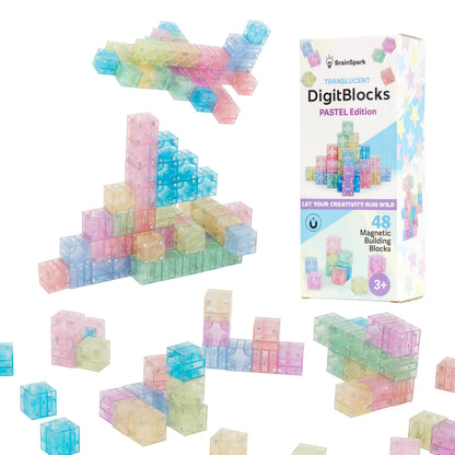 48PCS Pastel Translucent DigitBlocks Magnetic Building Blocks for Kids Montessori STEM Toys for Boys Girls Ages 3-9 Includes Carrying Bag Idea Book Clear Magnet Cubes for Educational Learning Fun