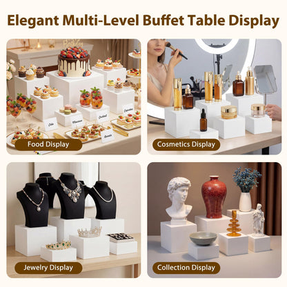 10 Pcs Buffet Risers with Mini Sign and Maker Serving Tongs Cake Cutter, White Acrylic Food Display Stands for Buffet Table Party Catering Dessert Nesting Cube Boxes with Hollow Bottoms (10",9",8",7",6",5",5",4",4",3")