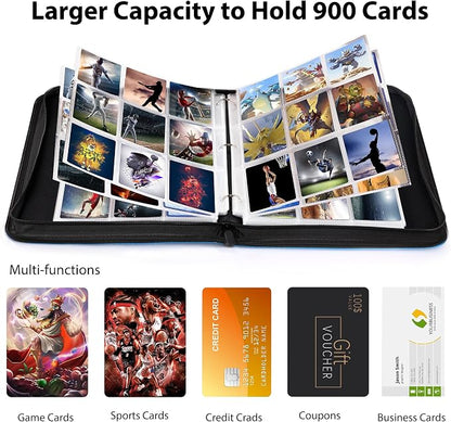 WOT I Baseball Card Binder, 900 Pocket Sleeves with Zipper, Double Sided Pockets Carry Case for Baseball, Football Cards (Blue)