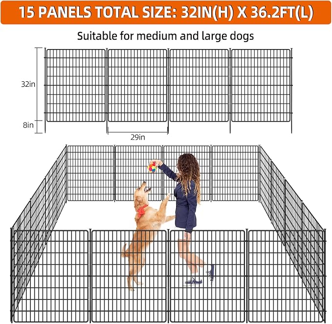 15 Panels No Dig Fence with Gate, 32 in(H) X 36 ft(L) Garden Decorative Fence Animal Barrier for Dogs, Rustproof Metal Garden Edging Border for Outdoor, Yard, Patio, Black