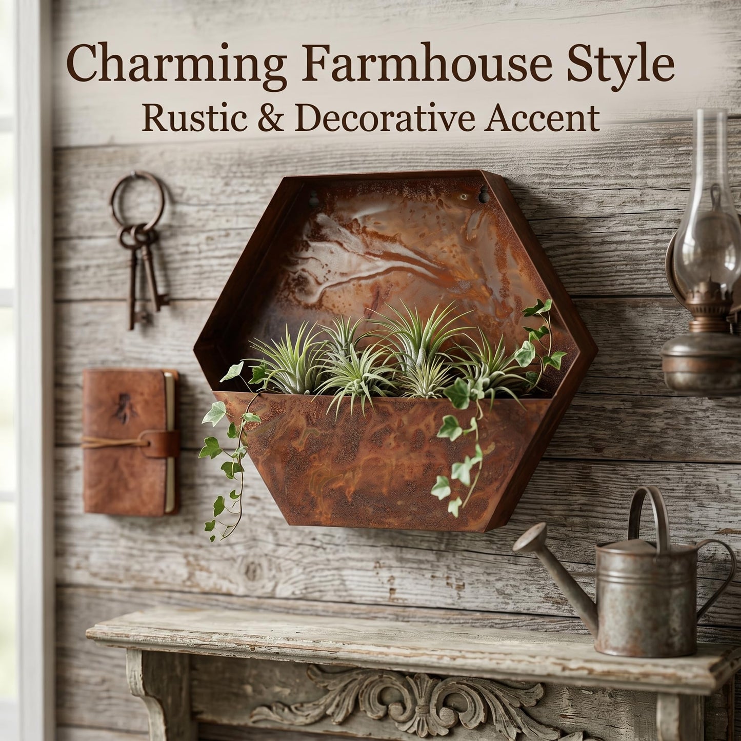 Topadorn Rustic Metal Wall Planter, 12 Inch Hexagon Hanging Planter with Patina Finish, Geometric Wall Mounted Plant Holder for Indoor & Outdoor Vertical Garden Décor, Farmhouse Wall Decor