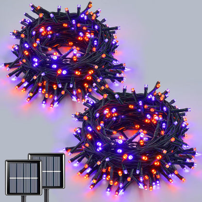 QITONG Orange and Purple Solar String Lights, 2 Pack Each 66ft 200 LED Halloween String Lights Outdoor Waterproof, 8 Modes Christmas Solar Twinkle Lights for Halloween Decor