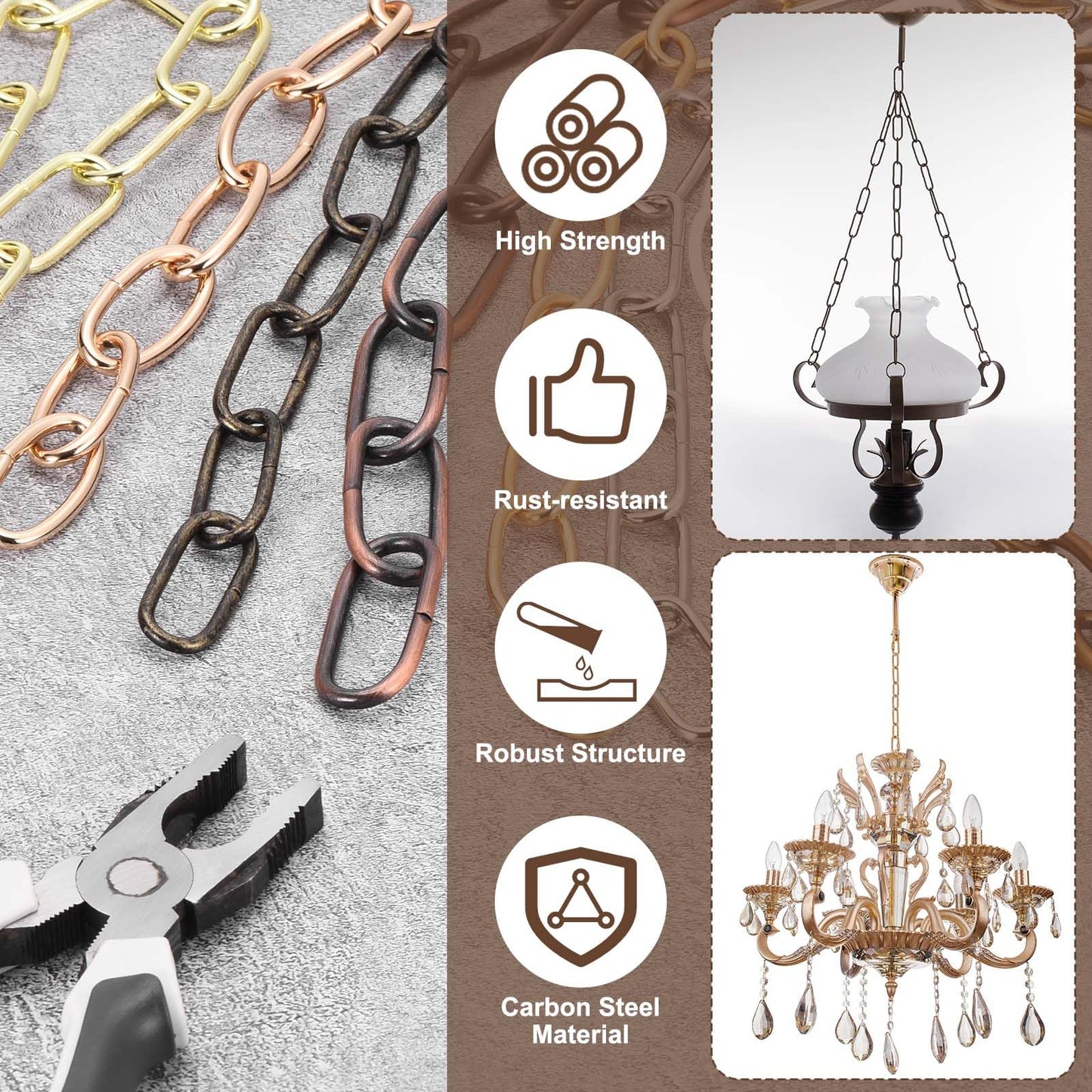 uxcell 6ft Lighting Hanging Chain, 3mm/0.12" Looping Metal Pendant Chandelier Chain Extension with 2 Quick Link Lock for Hanging Plant Pendant Chandelier Light Fixture, Golden