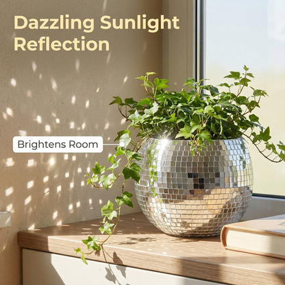BAOBYAO Disco Ball Planter,Disco Ball Vase,Plant Pot,Flower Pot,Mirror Plant Holder,Plastics Self Watering Disco Decor Planter for Small Plant, Party,Table,Office,Kitchen,Silver,4X5IN