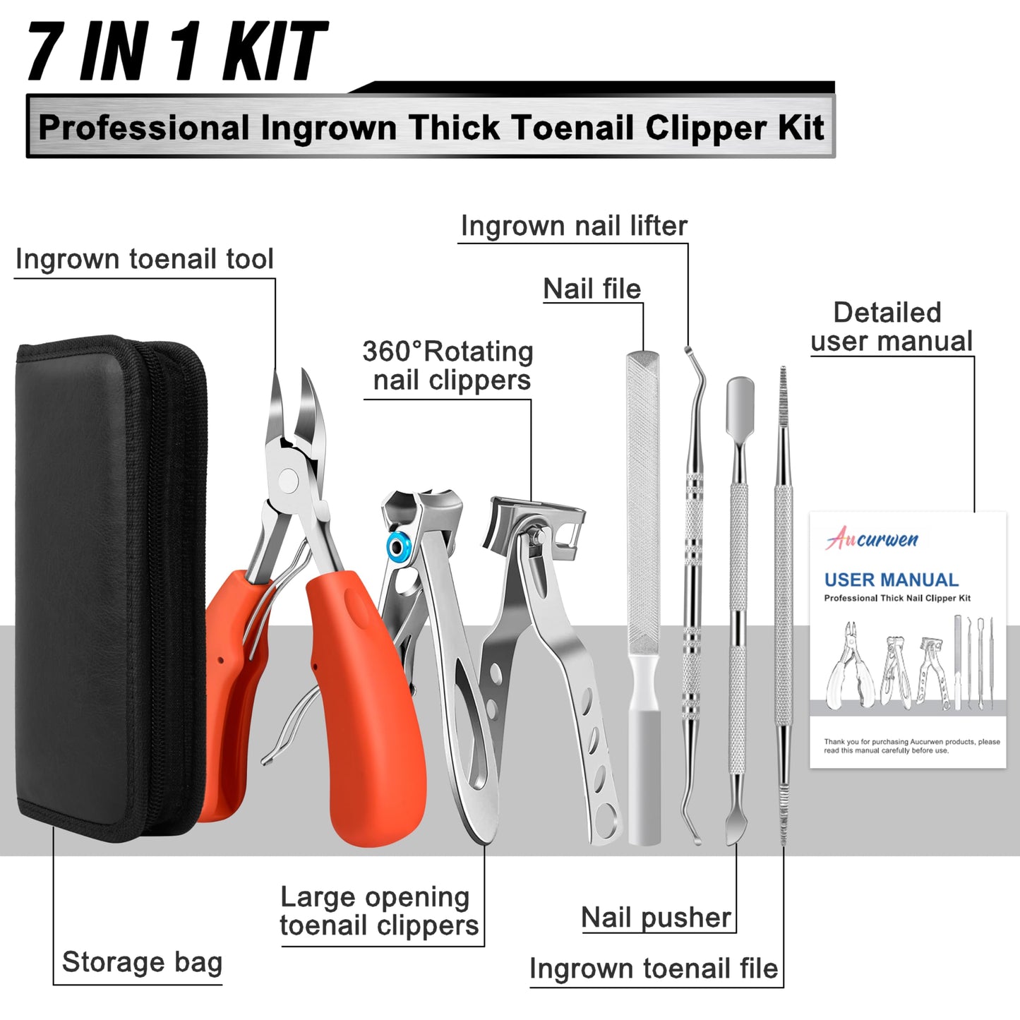 Toenail Clippers for Seniors Thick Toenails, Aucurwen Heavy Duty Toe Nail Clippers Adult Thick Nails Long Handle, Large Toenail Clippers for Thick Nails 7Pcs