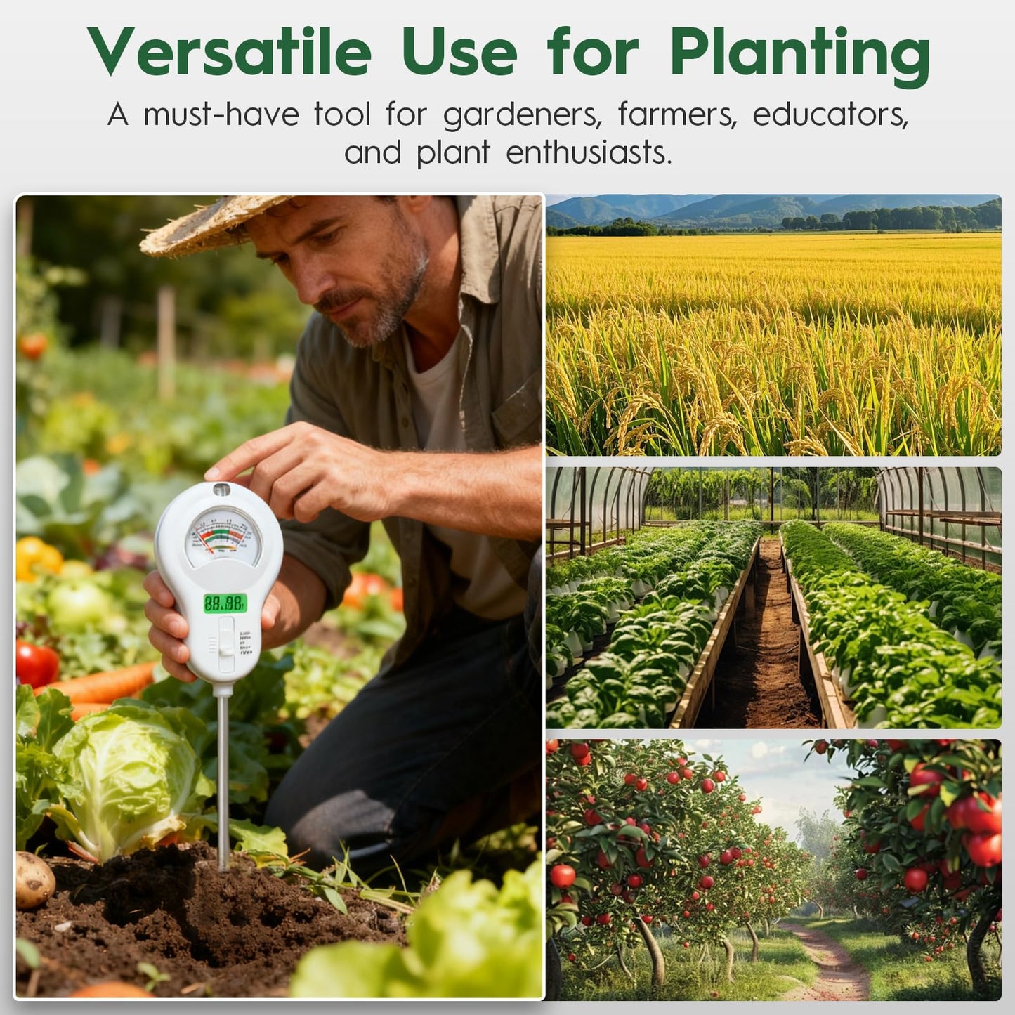 6-in-one Soil Test Kit-Soil Moisture Meter/PH Meter/Fertility/Sunlight Intensity Soil Tester, LCD Air Hygrometer&Temperature Moisture Meter for Plants-Garden, Lawn,Farm,1 Pack Detachable Probe