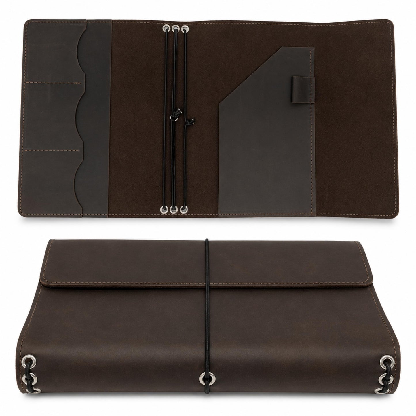 TORAKIP Leather A5 Notebook Cover – Refillable Journal Case with Elastic Bands, Pen Loop & Inner Pockets, Handmade Notebook Organizer, Fits 5.8" x 8.3" Inserts (Paper Not Included), Brown