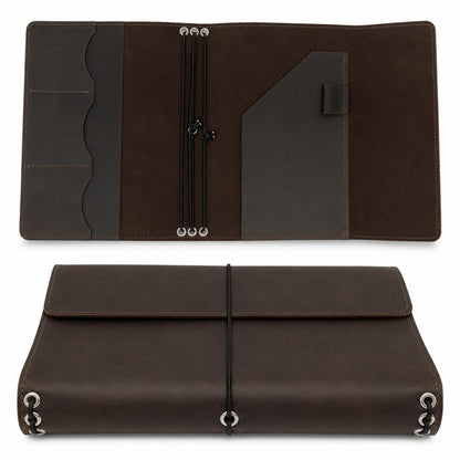 TORAKIP Leather A5 Notebook Cover – Refillable Journal Case with Elastic Bands, Pen Loop & Inner Pockets, Handmade Notebook Organizer, Fits 5.8" x 8.3" Inserts (Paper Not Included), Brown