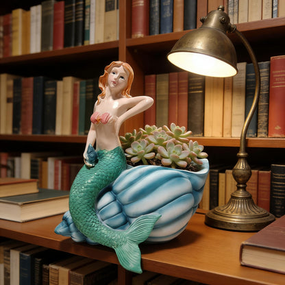 KARSTSYLVA Mermaid Resin Planter Statue, Conch Base Succulent Flower Pot for Home Garden Nautical Decor (Blue)