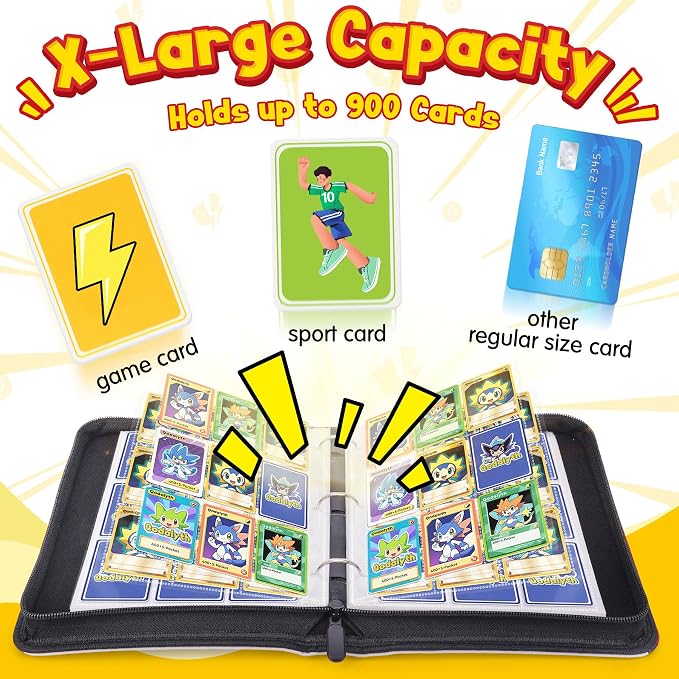 Card Binder – 9 Pocket Zipper Collection Album, Premium PU Holder, Double-Sided Display for 900 Cards, Includes 5 Hard Plastic Sleeves for Game Cards, Sports Cards（Cartoon Stickers）