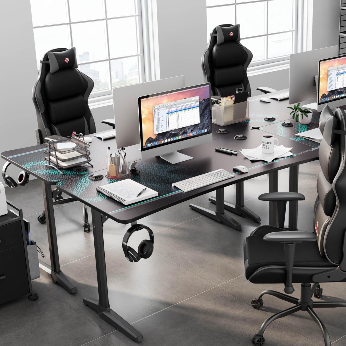 EUREKA ERGONOMIC 60 Inch Gaming Desk with Full Mouse Pad, Large Home Office Curved Computer Desk for 3 Monitors with Cup Holder, Headphone Hook and Handle Rack with USB Charging Ports for Gamer, Black