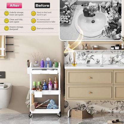 Goovilla Rolling Makeup Organizer Cart with Removable Drawer, 3 Tier Stable White Floor Skincare Storage Cart for Vanity, Cosmetic Display, Nail Polish, Perfume, Hair Stuff, Beauty, Bathroom(Plastic)