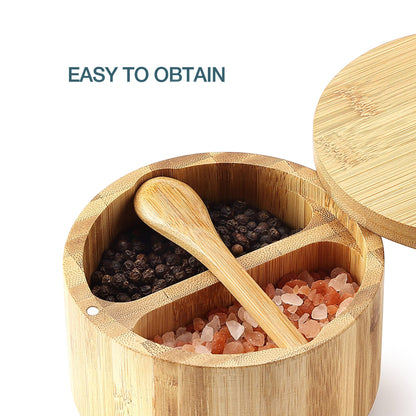 8SOM Bamboo Salt and Pepper Box with Swivel Lid, Embedded Spoon, Magnetic Closure Lid to keep the dust out, Salt Cellar Bowl Container to Storage Pepper Spice Herb Sea Salt, Dual 5 Oz Capacity