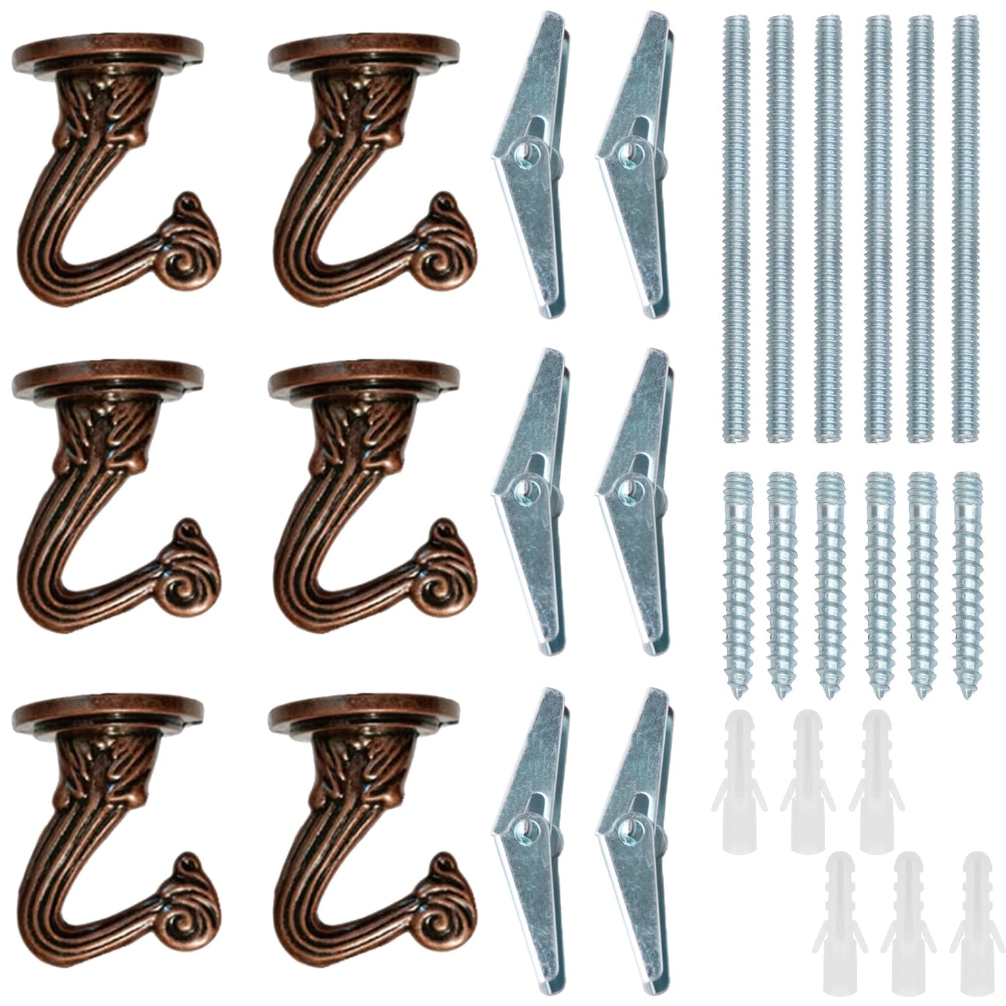 RiseDirectly 6-Pack Heavy Duty Antique Brass Ceiling Hooks for Hanging Plants, Swag Hooks with Hardware for Chandeliers, Indoor Plant Hangers & Lightweight Decor