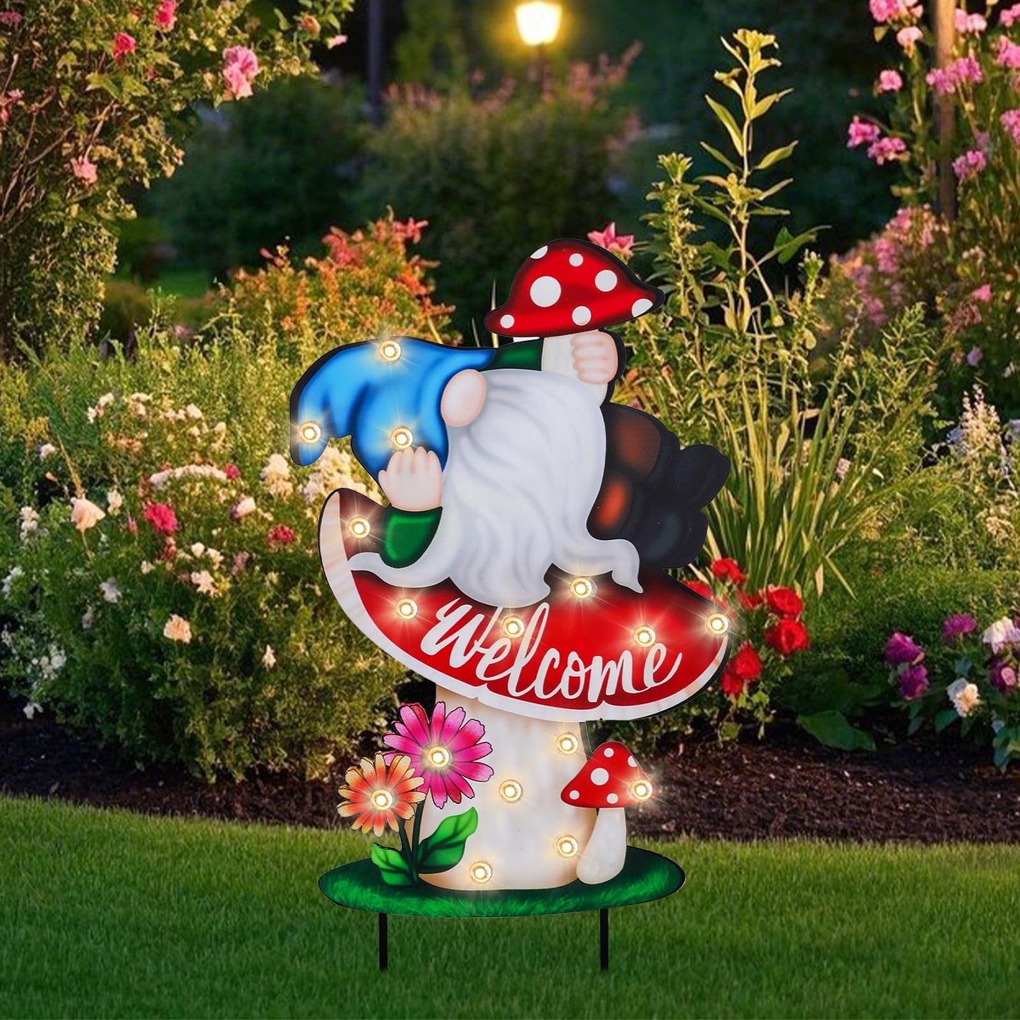 WONDER GARDEN Decorative Garden Stakes - Lighted Mushroom and Gnome Yard Sign Stakes with Flower, Spring Signs for Outdoor, Porch, Yard,Flower Bed Decor