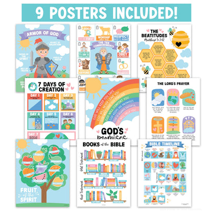 Hadley Designs Sunday School Decorations for Classroom –9 Bible Posters for Kids, Books of the Bible, 10 Commandments, Bible Timeline Chart, Fruits of the Spirit, Pastel Christian Classroom Decor