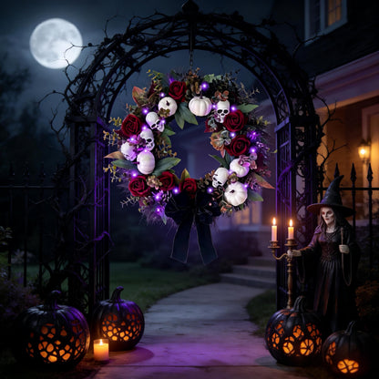 HipTree 20 Inch Light Up Halloween Wreath for Front Door with Skulls Roses Pumpkins, Gothic Black Wreath with Purple LED Lights, Battery Operated Timer Spooky Fall Wreath for Indoor Outdoor Porch
