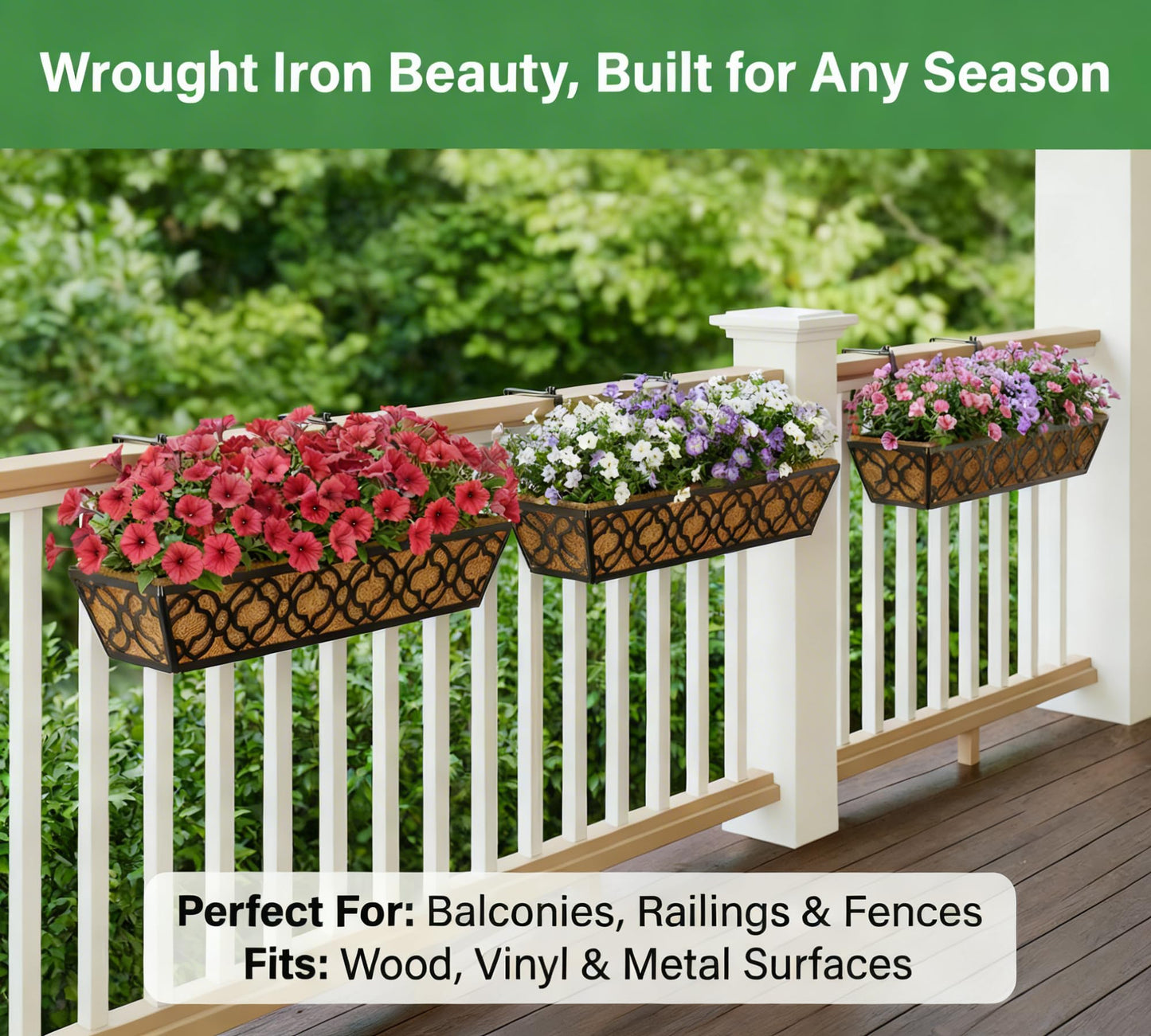 Y&M Deck Railing Planter Boxes, Adjustable Balcony Planter for Outdoor Plants, Metal Railing Planter Box for Deck, Fence and Porch, Window Boxes Outdoor, Sturdy Hanging Planter-24inch 2pcs