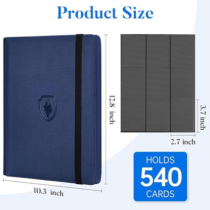 Premium 9 Pocket Card Binder for 540 Cards, Fabmaker PU Cover Trading Card Binder, Sturdy Card Collection Album, Sleek Card Holder Folders for Game Cards & Sports Cards, Navy Blue