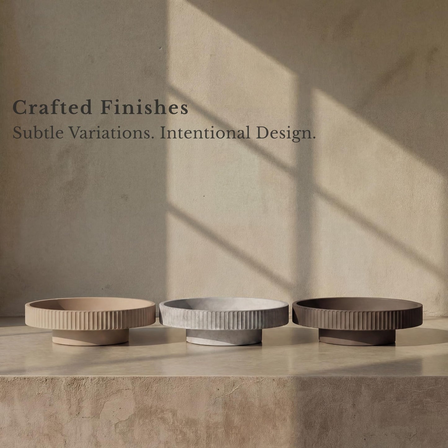JUPTR Concrete Fruit Bowl (12") – Shallow Fluted Pedestal Decorative Centerpiece Bowl for Table, Entryway Catch-All & Modern Home Decor – Heavyweight Stone Bowl (Beige)