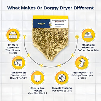 Muddy Mat Doggy Dryer, Highly Absorbent Microfiber Washable Dog Shammy Quick Drying Towel Absorber - Extra Soft Plush Wrap Chenille Bath Towels to Dry Soggy Large Pets & Small Puppy-Beige 15"x38"