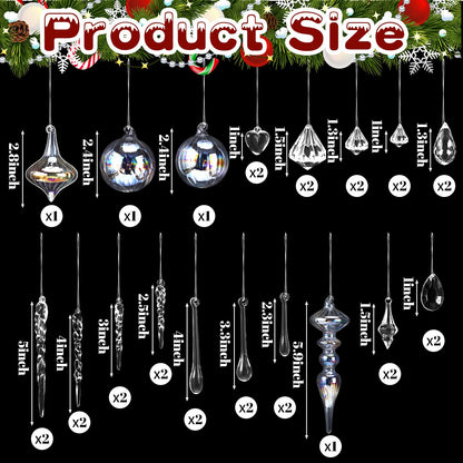Civaner 32 Pcs Christmas Crystal Ornaments Hanging Clear Glass Plastic Hanging Decor Christmas Icicle Drop Crystal Ornaments for Xmas Tree Winter New Year Party Supplies (Holographic)
